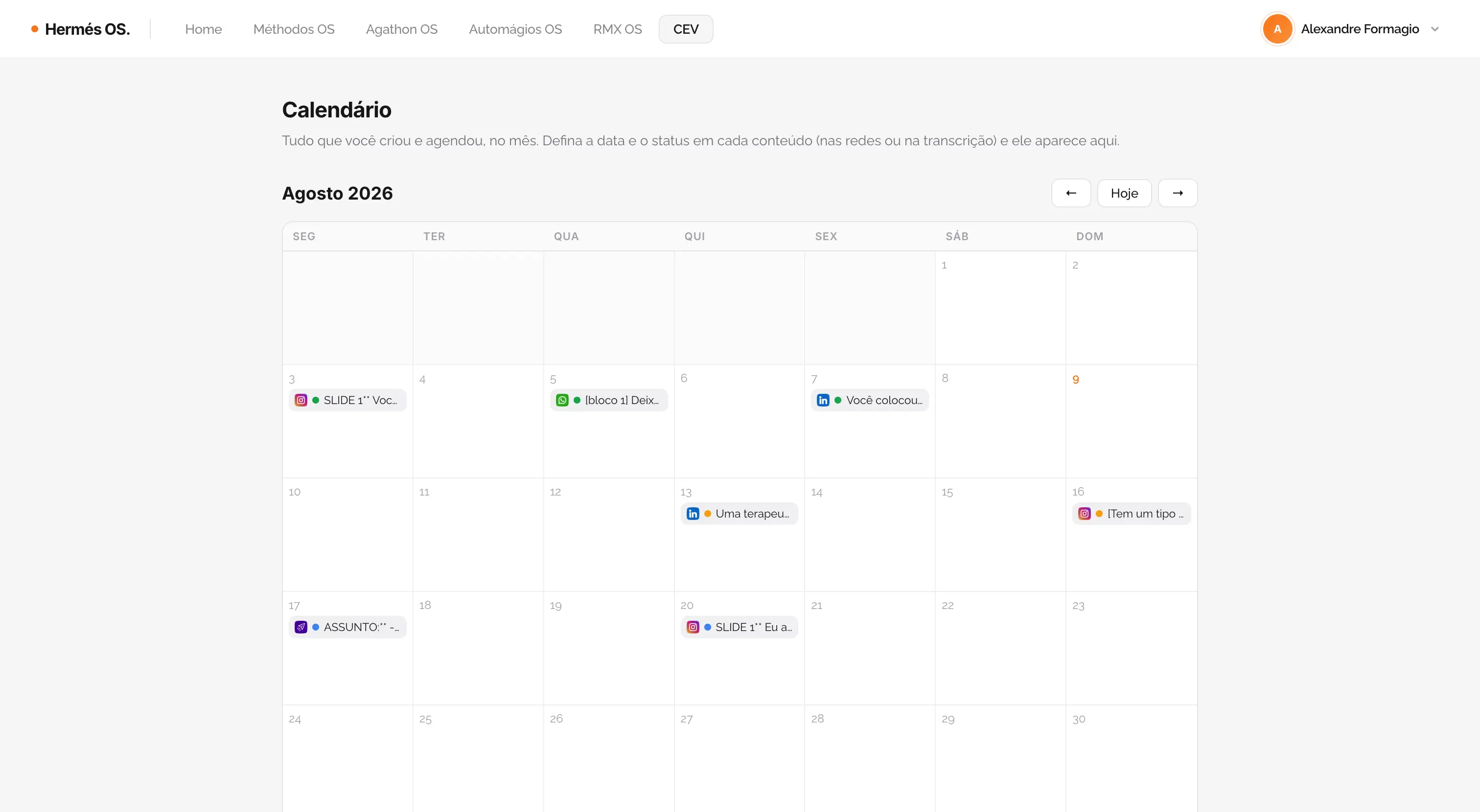 Tela do CEV: calendário visual