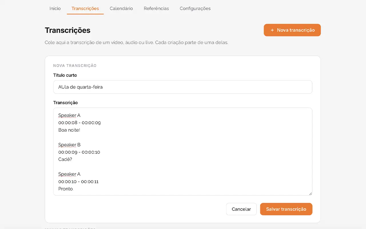 Tela do CEV com a transcrição colada